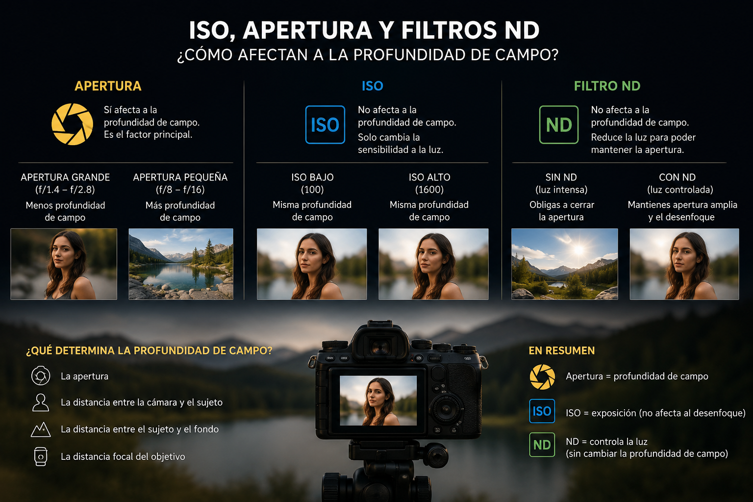 INFOGRAFÍA: ISO, Apertura y Filtros ND: cómo afectan realmente a la profundidad de campo